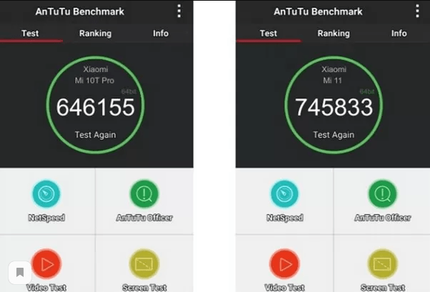 Comparación del nivel de rendimiento en AnTuTu para el Xiaomi Mi 10T Pro y el Mi 11